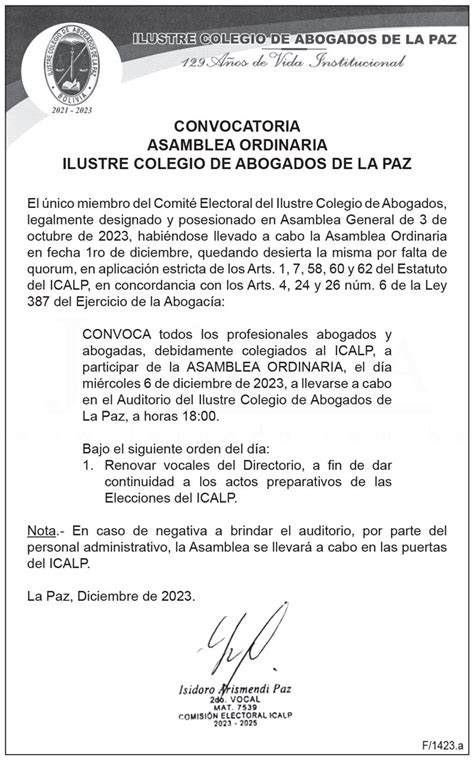 Convocatoria Asamblea Ordinaria Ilustre Colegio De Abogados De La Paz