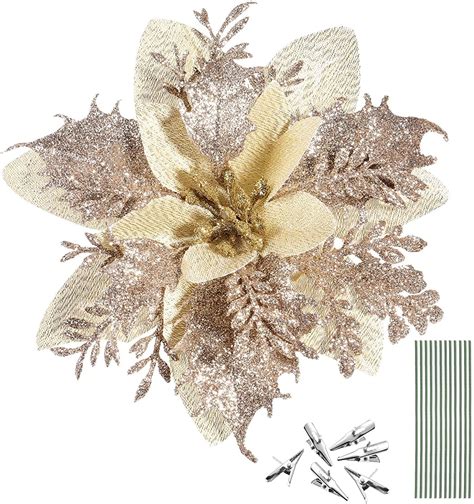 Christmas Glitter Poinsettia Artificial Flowers Pack Champagne