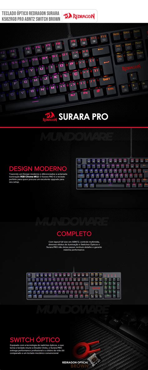 Teclado Redragon Surara PRO Óptico Mecânico Gamer Switch Marrom Mundoware