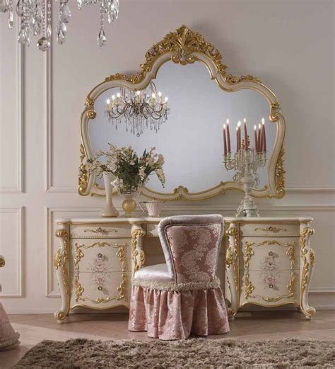 An Ornately Decorated Dressing Table And Chair In A Room With