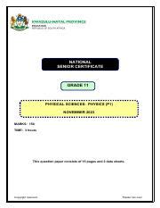 Physical Sciences P1 Nov 2023 GRADE 11 VERIFIED QP 1 Pdf NATIONAL