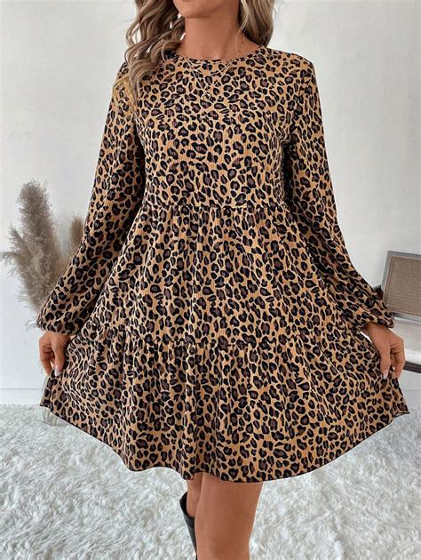 Shein Clasi Plus Size Women Corduroy Leopard Print Babydoll Mini Dress