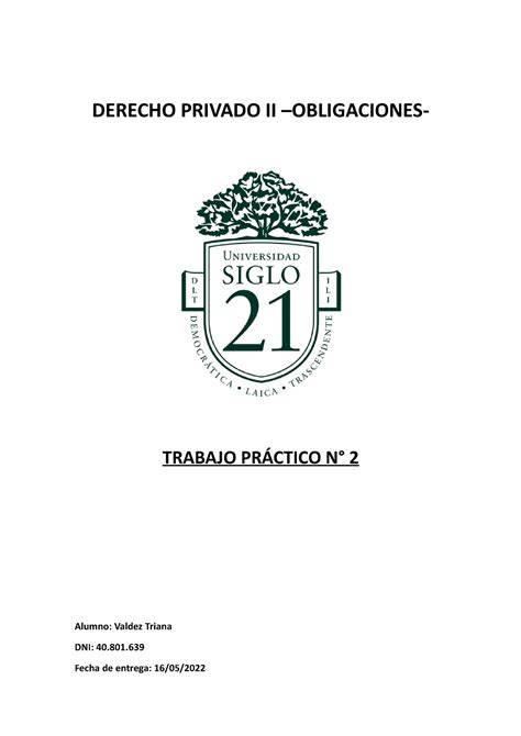 Obligaciones TP N 2 1 Trabajo Practico DERECHO PRIVADO II