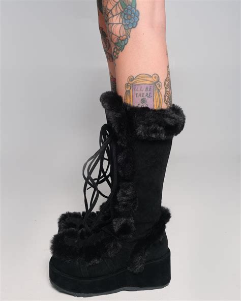 Demonia Black Winter Solstice Faux Fur Boots Rave Wonderland