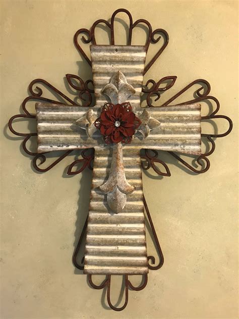 Rustic Red And Silver Metal Fleur De Lis Wall Cross Decor Red Etsy