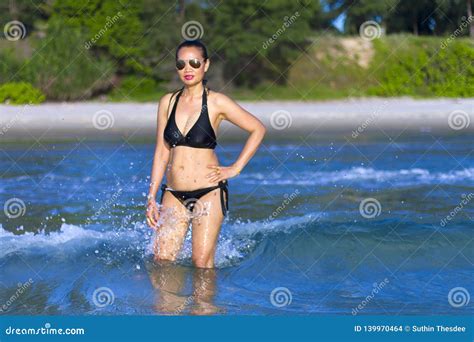 Woman Shape Pretty With Black Bikini On Beach Stock Photo Image Of