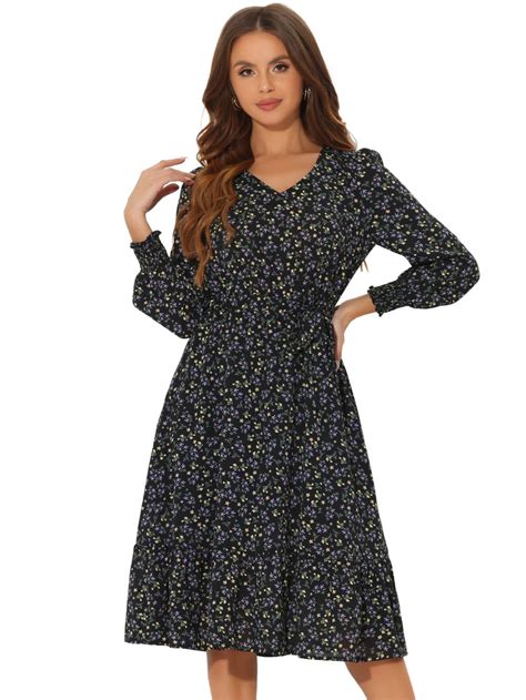 Allegra K Floral V Neck Belt Waist Flowy Flare Chiffon Dress Reitmans