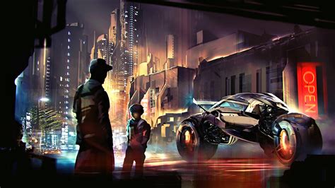 Cyberpunk Sci Fi Science Fiction Car Night City Digital Art K