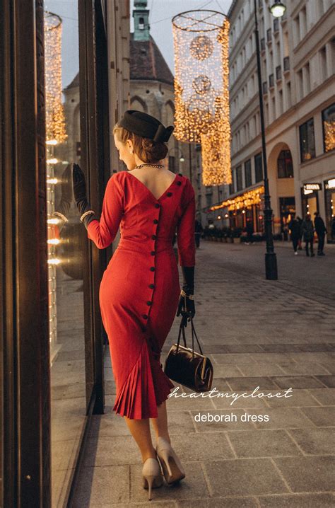 Deborah Red Pencil Pleated Button Back Vintage Dress Inspired From