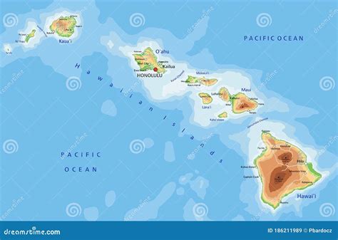 Mapa Físico De Hawaii Detallado Con Etiquetado Ilustración del Vector