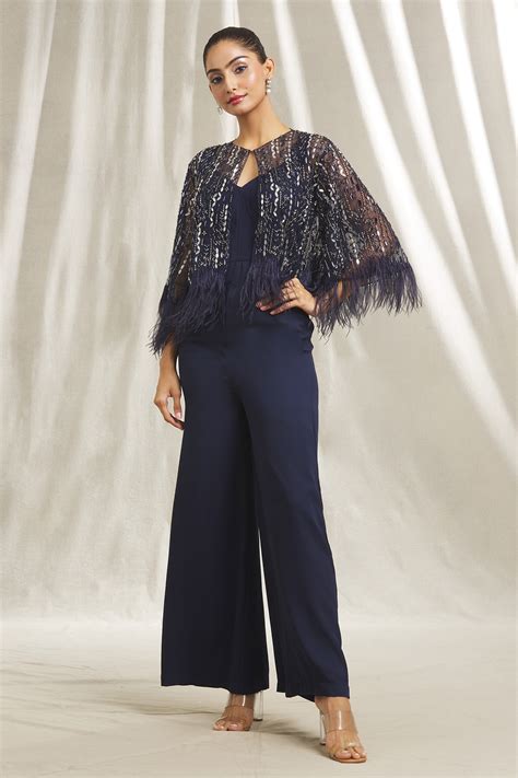 Buy Blue Tulle Hand Embroidered Cut Dana Cape Sequin And Jumpsuit Set