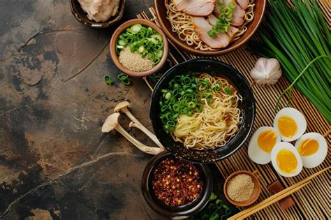 Premium Photo | Japanese Tonkotsu Ramen Ingredients on Bamboo Mat