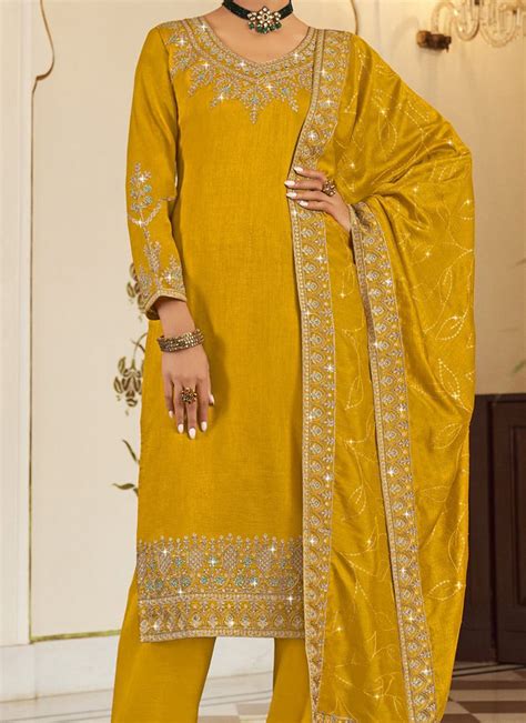 Shop Mustard Art Silk Embroidered Palazzo Suit Party Wear Online At