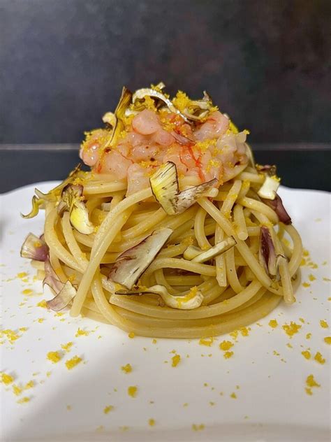 Spaghetti Quadrati Con Tartare Di Gambero Rosso Carciofi E Bottarga