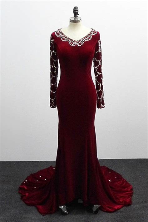 Burgundy Velvet V Neck Long Sleeve Sweep Train Beaded Prom Dress Evening Dress Party Dress