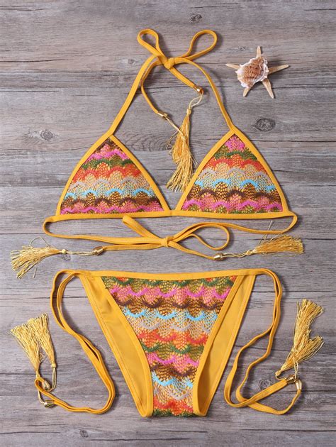 12 OFF 2021 Strappy Tassel Crochet Panel Bikini Set In GINGER ZAFUL