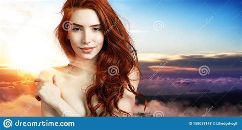 Redhead Woman Over Beautiful Colorful Sunset Stock Image Image Of Redhead Clouds 158037147