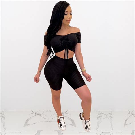 2020 Women Tracksuit 2pcs Suit Off Shoulder Slash Neck Short Sleeve T