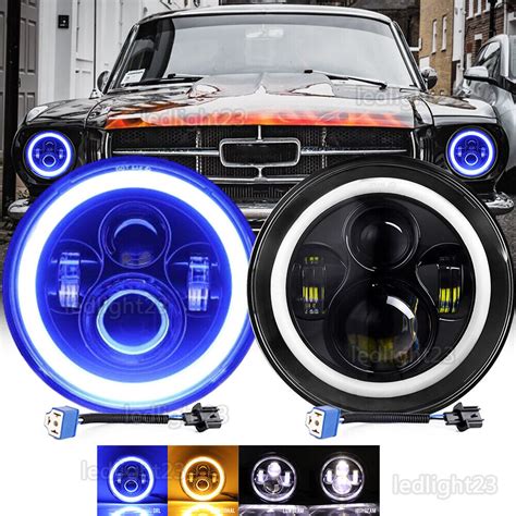 7 Inch Round LED Headlights Blue Halo DRL Angel Eyes Fit Ford Mustang