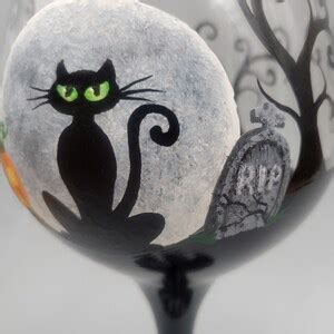 Whimsical Black Cat & Moon Halloween Wine Glass Fun, Spooky, Pumpkin, Grave Hand Painted - Etsy