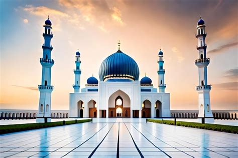 Premium Photo | A mosque with a blue dome and a mosque in the background.