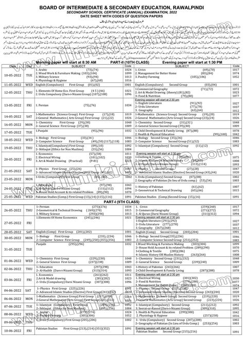 Bise Rawalpindi Board Matric Date Sheet 2025 10th Class Date Sheet