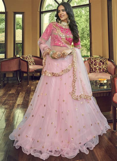 Shop Light Pink Heavy Nylon Net Sequins Embroidered Umbrella Lehenga