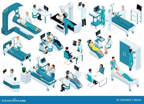 Set Isometric Medical Workers And Patients Hospital Bed Mri X Ray