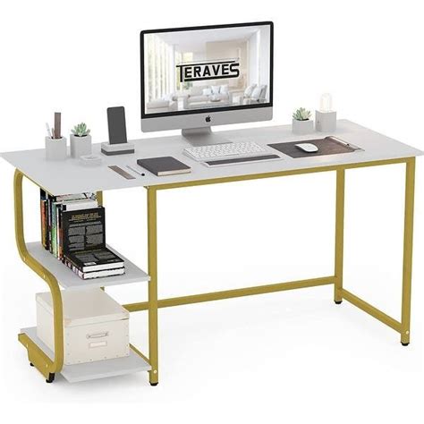 a computer desk with a monitor, keyboard and bookshelf on it in front of a white background