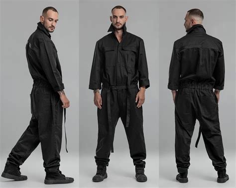 Men Workwear Overall Mechanic Jumpsuit Black Long Sleeve Onesie