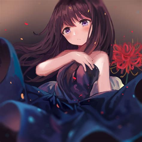 Safebooru 1girl Black Hair Blue Dress Blush Closed Mouth Commentary Request Dress Flower Hand