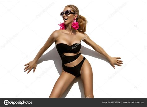 Sexy Woman Wearing Elegant Bikini Luxury Sunglasses Posing White Wall Stock Photo By