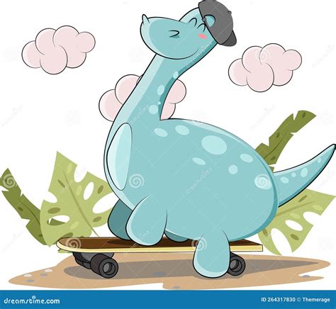 Cute Dinosaur Decided To Show His Skills On His Skateboard Vector