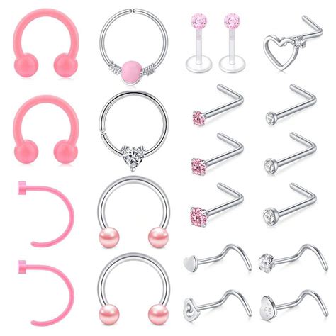 21Pcs Nose Stud Stainless Steel Nose Ring Hoop CZ Heart Nose Piercings