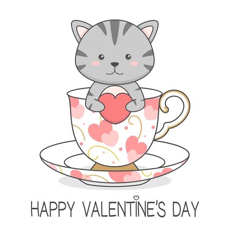 Süße katze in einer tasse herz valentinstag hält Premium Vektor