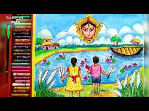 Durga Puja Special Scenery Drawing With Oil Pastel Colours Durga Ma