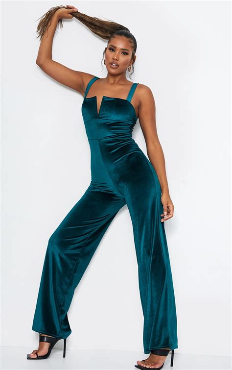 Emerald Green Velvet V Bar Strappy Jumpsuit Jumpsuits And Rompers Prettylittlething Usa