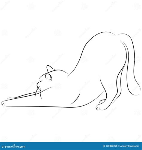 Black Line Cat Stretch Oneself On White Background Hand Drawing Stock