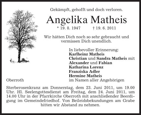 Traueranzeigen Von Angelika Matheis Trauer Merkur De