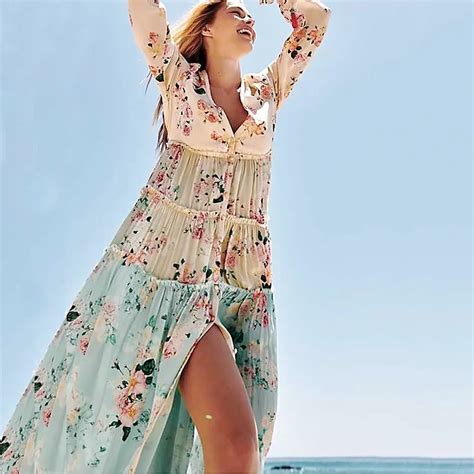 2019 Women Floral Print Chiffon Maxi Dress Boho V Neck Ruffle Split