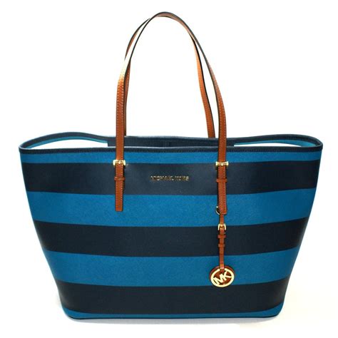 Michael Kors Jet Set Medium Travel Stripe Genuine Leather Tote Turqoise