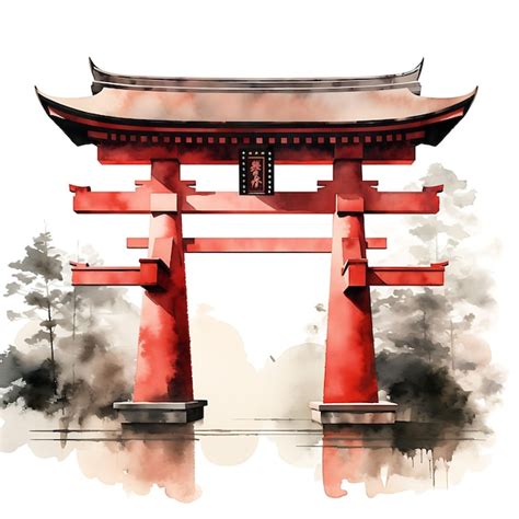 Premium Ai Image Watercolor Torii Gate House Japan Minimalist Design