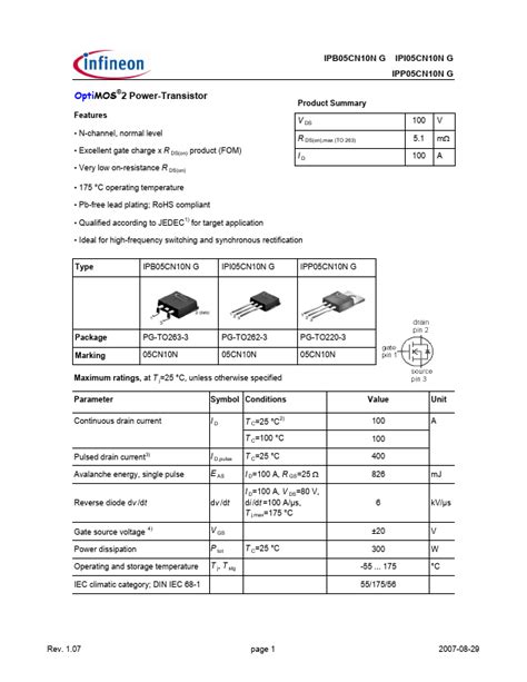 Ipp Cn Ng Infineon Power Transistor Hoja De Datos Ficha T Cnica