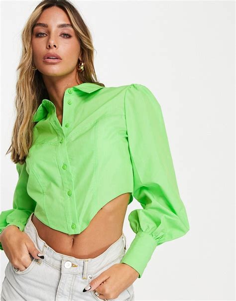 River Island Corset Detail Volume Sleeve Shirt In Bright Green Asos Womens Tops Beautiful