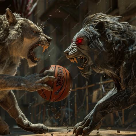 Lion and Wolf Battling on the Basketball Court Fierce Showdown
