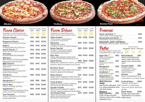 Menu Au PizzaChefs Fourways Gardens Shopping Centre Halaal Pizzeria