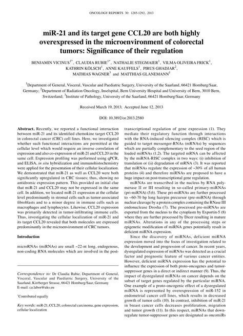 Pdf Mir 21 And Its Target Gene Ccl20 Are Both Highly Overexpressed In