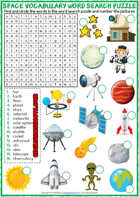 Space Vocabulary ESL Printable Word Search Puzzle Worksheet Vocabulary Games For Kids, Space ...