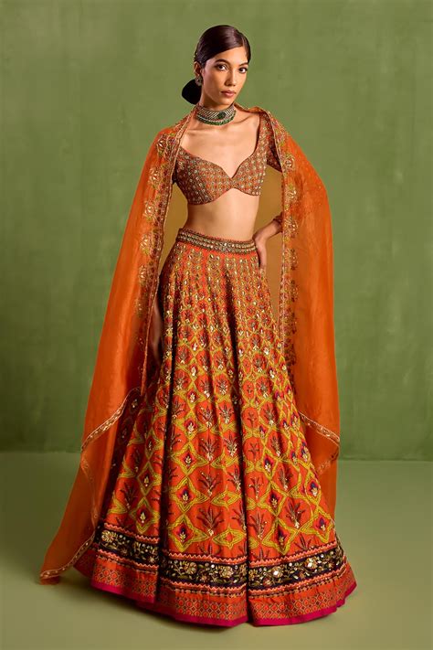 Buy Orange Viscose Raw Silk Embellished Floral Geometric Mughal Printed Lehenga Set For Women By