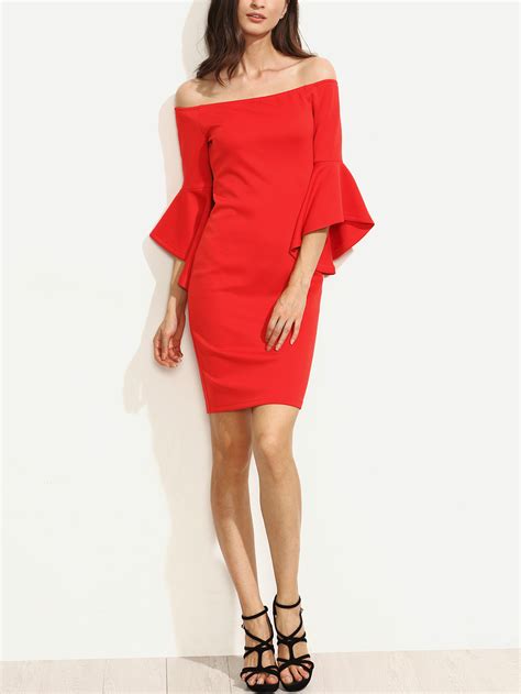 Bardot Ruffle Sleeve Split Pencil Dress Shein Sheinside